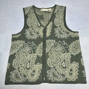 Studio Works Sweater Vest Women's Small Green Paisley‎ Boiled Wool Full Zip